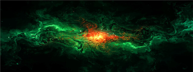 Cosmic nebula vector background with glowing green gas clouds and orange star core. Abstract space galaxy illustration with swirling smoke textures. Deep universe panorama for sci-fi posters. © Ateş