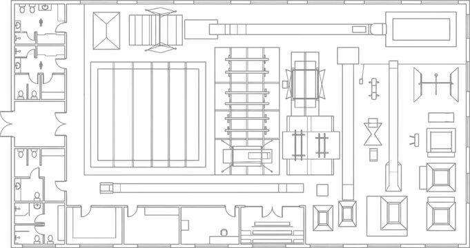 Industrial factory floor plan vector, technical architectural blueprint of manufacturing facility, warehouse machinery layout and logistics schematic