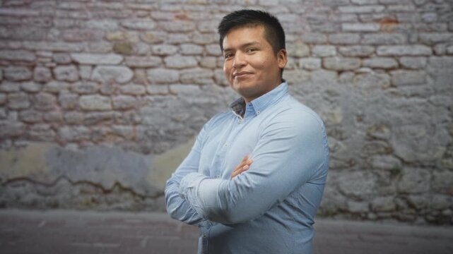 Man with arms crossed smiling against a weathered brick wall on a street, wearing a blue buttondown shirt and relaxed posture; calm confidence.