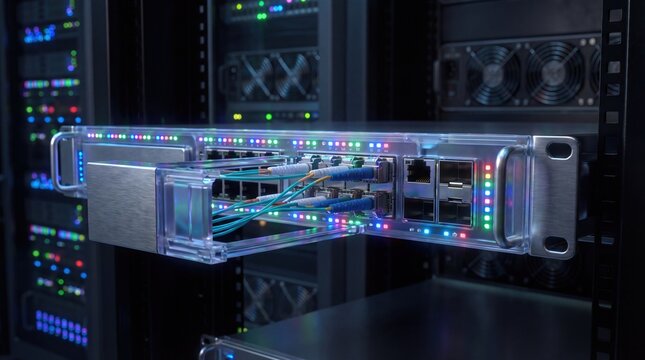 Network switch with illuminated ports and connected cables displayed in a server rack, showcasing data center technology and modern telecommunications infrastructure