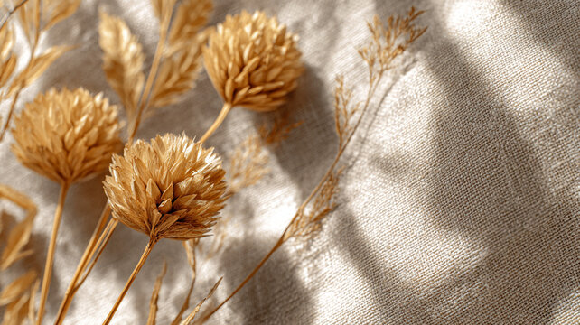 Dried flowers are light brown on a light background. Shadows and soft textures are visible.