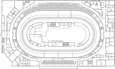 Architectural floor plan of a sports stadium, technical drawing of an indoor arena layout, blueprint of a running track and grandstand seating © Insa Batool