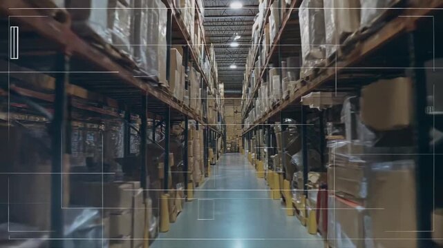 Long aisle in a modern industrial warehouse storing a vast quantity of packaged goods and cardboard boxes on tall metal shelves, managing an efficient supply chain and logistics operation
