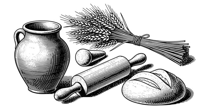 Baking set with jug, rolling pin, bread, and wheat illustration featuring vintage, black and white, kitchen with dough and flour elements for grains,