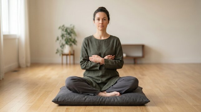 A woman sitting cross-legged, hands folded in lap covering pubic area, arms covering breasts