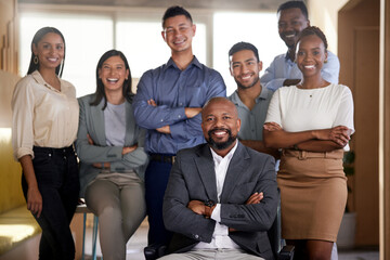 Obraz premium Business, team and portrait in office with confidence, company about us and happy for diversity. People, arms crossed and smile with manager for staff growth, collaboration and agency integrity