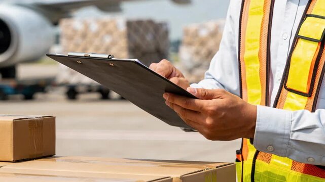 An airport logistics worker wearing a safety vest checks a clipboard next to cargo boxes.