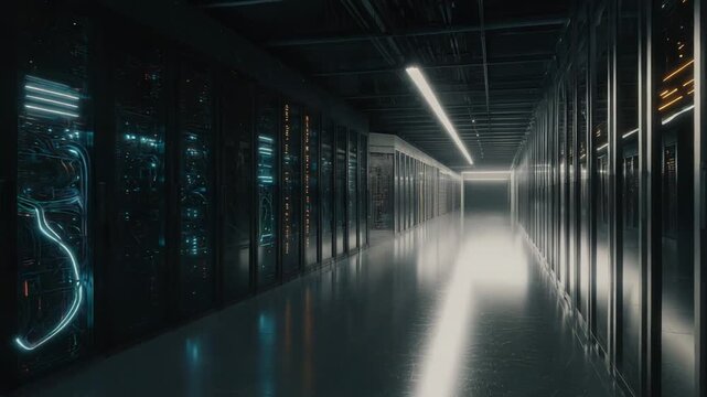 Data center corridor with rows of server racks and glowing blue lights, illustrating modern internet technology, global cloud computing, and cybersecurity infrastructure