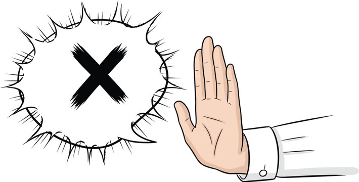 Hand Gesturing Stop Sign with X Mark in Speech Bubble