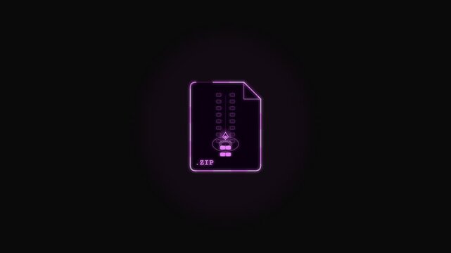 Neon ZIP File Compression Animation with Secure Archive Transfer and Digital Data Storage Interface