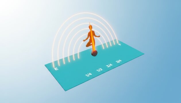 Quantum physics wave function illustration, human figure as particle and wave duality, scientific probability distribution diagram on blue background