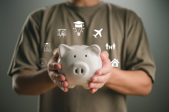 Person holding a piggy bank with financial lifestyle icons, symbolizing savings goals, education funds, travel planning, home ownership, family security, investment growth, and smart budgeting.