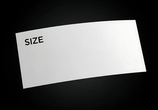 White rectangular garment label with size tag text, textile clothing identifier, fashion retail merchandise element