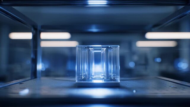 Quantum chip processing unit glowing with blue light in a high tech laboratory environment, symbolizing advanced calculations and artificial intelligence research empowering scientific innovation