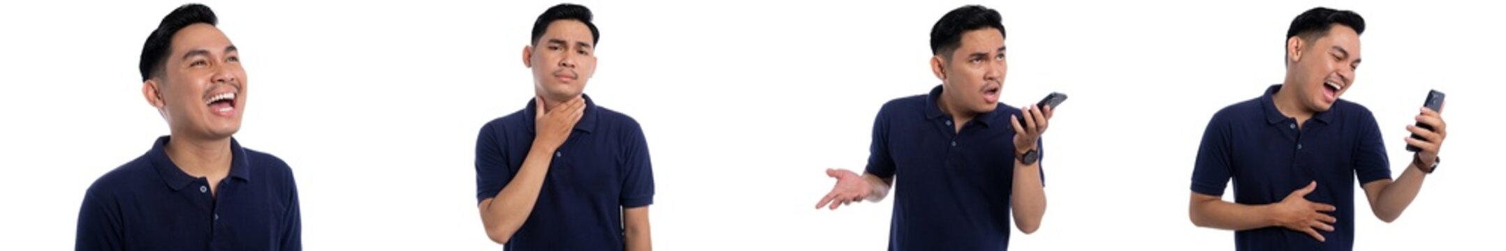 Set of man reactions with laughing face, sore throat gesture and confused smartphone message on transparent background