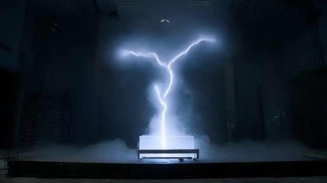 Bright electrical discharge creating a lightning bolt arc inside a dark science laboratory, generating voltage, power, and high energy for research and experimental purposes