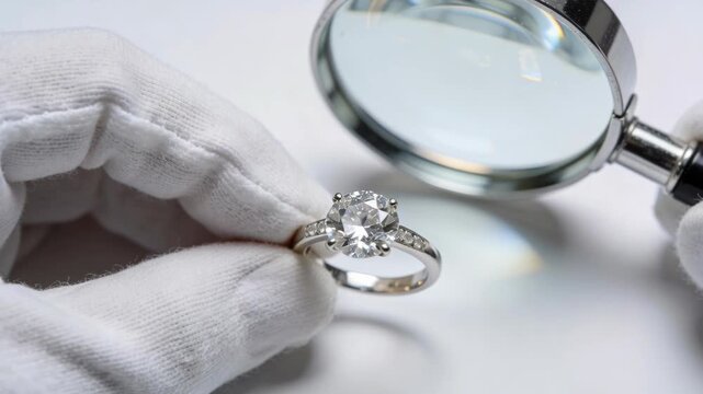 A gloved hand holds a luxury diamond ring while inspecting it through a magnifying glass.