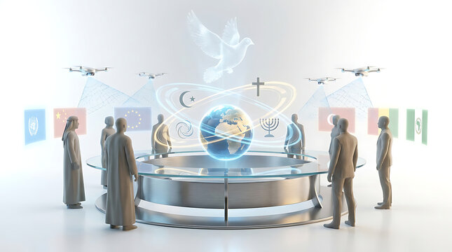 Diverse people around a globe, symbolizing unity and peace.