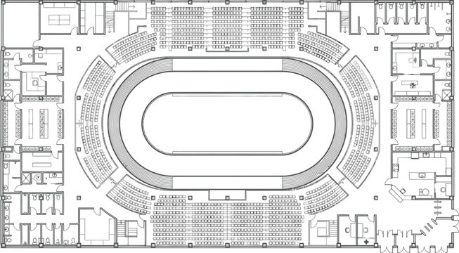 Architectural floor plan of a sports arena, technical blueprint of a stadium with oval track and seating, professional building layout vector