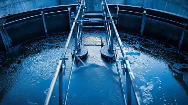 Industrial equipment processing liquid in a circular tank, showcasing the process of waste water purification and environmental conservation at a modern facility