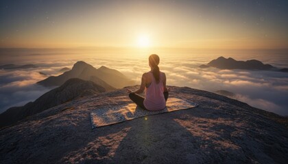 Fototapeta premium Zen meditation at sunrise on mountain peak, woman practicing yoga above clouds, peaceful mindfulness and spiritual wellness concept