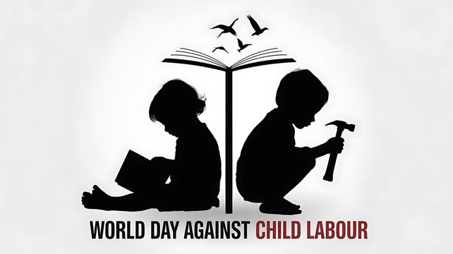 Silhouettes illustrate the contrast between education and child labor on a light background
