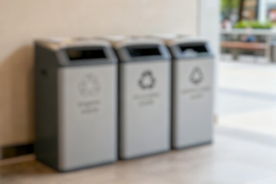 Blur background of a Modern recycling bins indoors promoting waste separation, cleanliness, and environmental sustainability in public spaces.