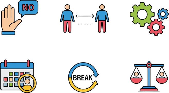 Business Icons: Social Distancing, No, Calendar, Break, Gears, Justice Scales