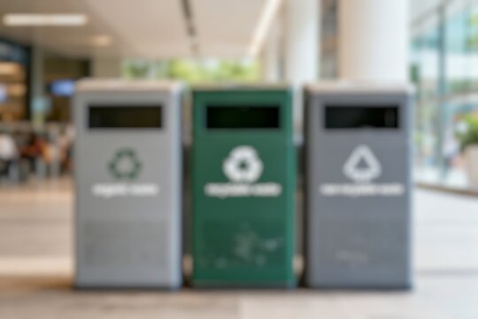 Blurry Indoor recycling station with labeled bins designed for waste sorting, environmental awareness, and sustainable disposal practices.