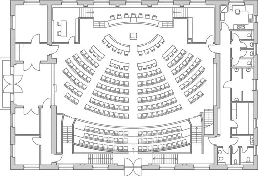 Architectural floor plan of a lecture hall or parliament chamber, technical drawing of a large auditorium layout, interior building blueprint vector