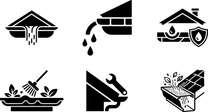Gutter Maintenance and Home Drainage System Black Glyph Icon Set for Exterior Protection Services