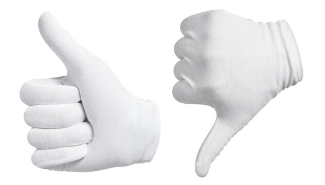 White gloved hands showing thumbs up and thumbs down, isolated on cutout transparent background