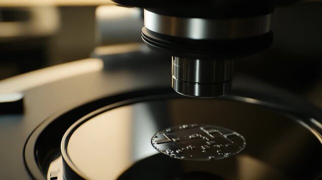 Microscope inspecting a patterned silicon wafer, symbolizing cutting edge research, development, and progress in microelectronics, nanotechnology, and future computing technology