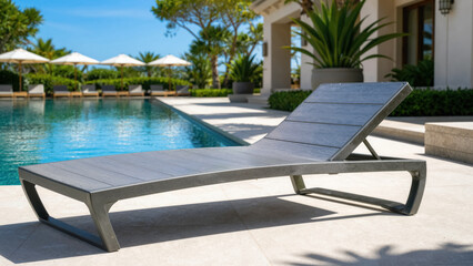 Fototapeta premium Premium ergonomic sun lounger made of recycled marine plastic at luxury resort poolside terrace