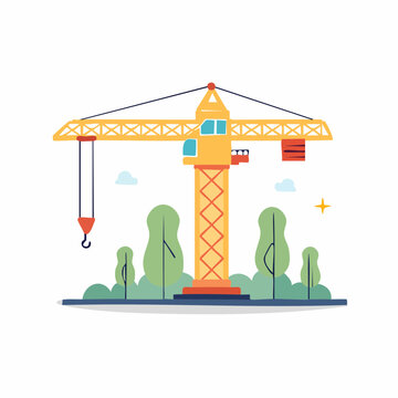 Flat Illustration of a Yellow Construction Crane with Trees