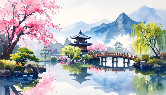 Serene Japanese Garden with Cherry Blossoms and Pagoda.