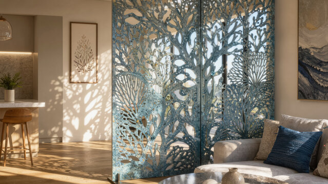 Decorative room divider with coral reef pattern made of laser cut recycled ocean plastic interior