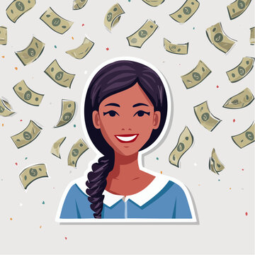 Woman Smiling with Money Falling Around Her