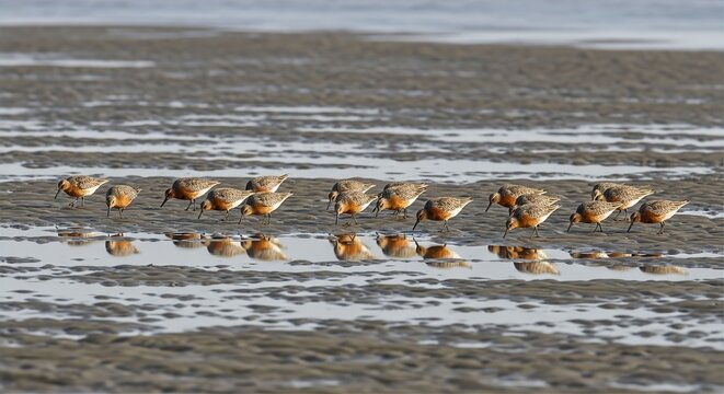 Red Knot Coastal Migration Flock Low Tide Feeding