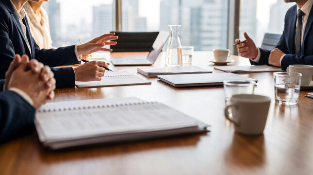 Professionals gathered at a wooden conference table, engaging in a formal business meeting and discussion.