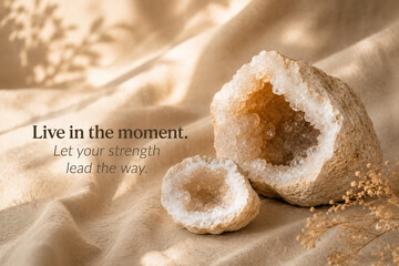 Naklejka premium A piece of petrified wood rests on a textured beige cloth with a motivational quote superimposed.