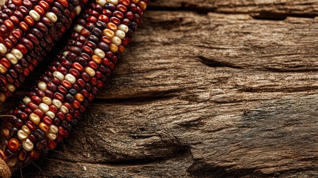 Two ears of multicolored dried corn rest upon a textured dark brown wooden surface.