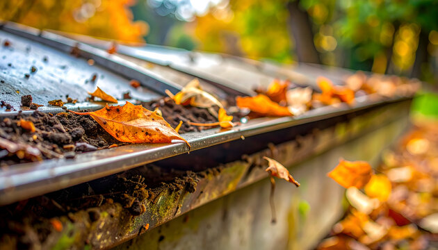 Clogged Gutter Filled With Autumn Leaves and Debris.