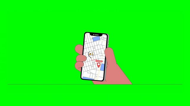 2D Animated Customer Using Mobile Device to Track Food Delivery in Real-Time on Map Interface Displaying Delivery Route and Current Location of Food on Green Background.