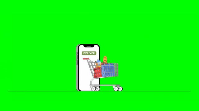2D Illustrated Mobile Phone With Grocery Cart Filled With Various Food Items on Green Background.