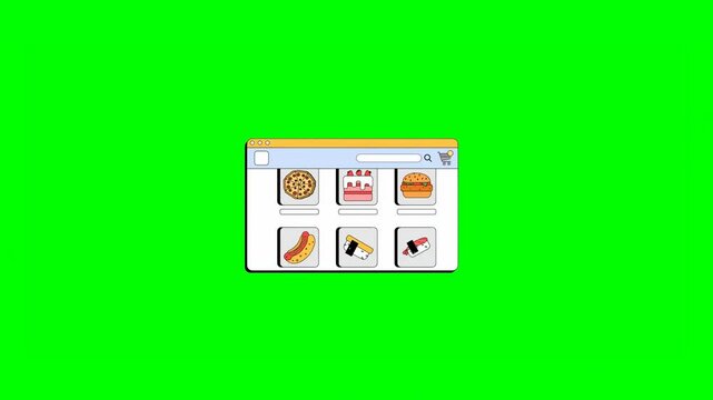 2D Animation of Computer Screen or Browser Tab Showing Food Website Menu Containing Images of Various Dishes Like Shrimp, Donuts, Cookies, and Burgers on Green Background.
