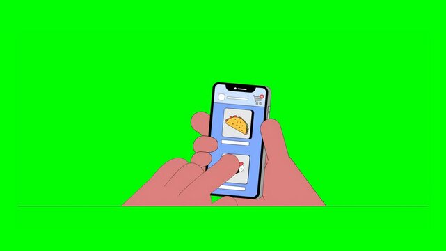 2D Animated User Hands Selecting Food Items and Adding to Cart on Mobile Application on Green Background. Screen Displaying Options Like Fries and Tacos.