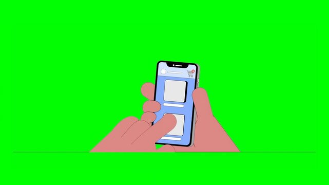 2D Animated Cartoon User Hands Selecting Touching White Blank Squares and Adding Items to Mobile App Cart During Online Shopping on Green Background.