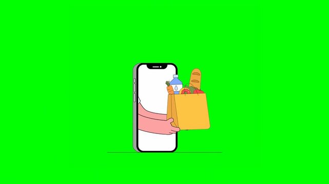 2D Animation of Person Hand Delivering Food Order on Mobile Through Screen in Paper Bag.