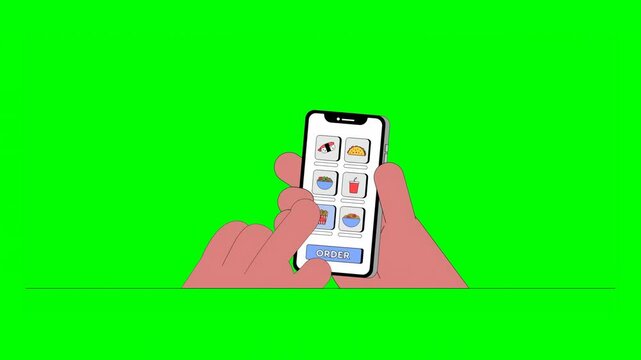 2D Illustrated User Navigating Through Food Menu on Mobile App Selecting Different Meal Options on Green Background.